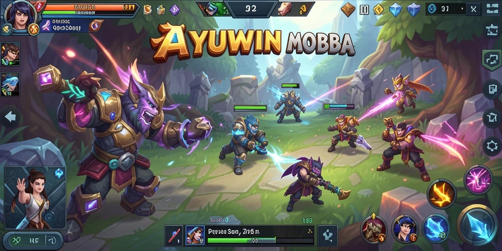 Tampilan gameplay seru dalam pertarungan MOBA AYUWIN.