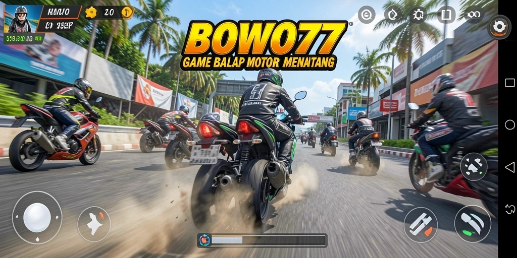 Tangkapan layar dari gameplay BOWO77 yang menampilkan balapan motor yang mendebarkan.