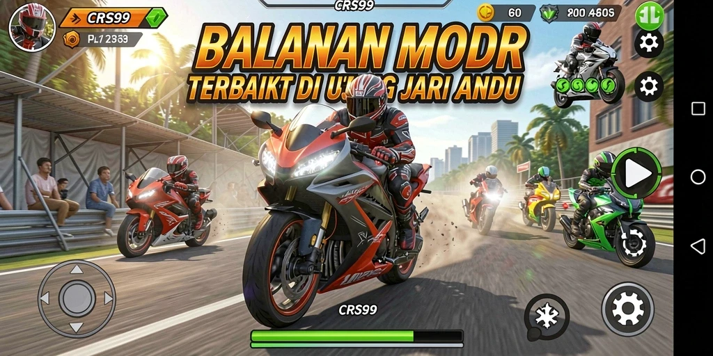 Tampilan gameplay CRS99 dengan berbagai motor dan trek balapan menantang.