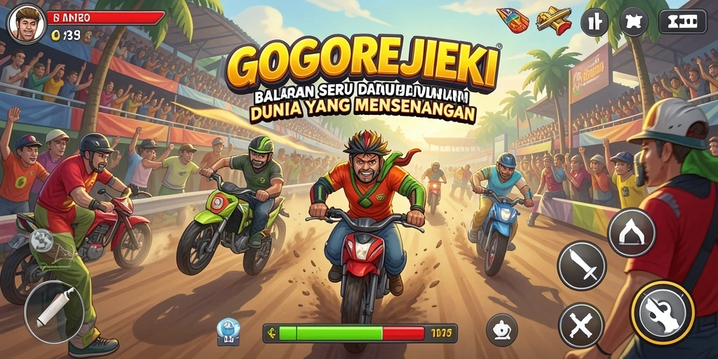 Tampilan gameplay menarik dari GOGOREJEKI dengan mobil balap yang melaju kencang.