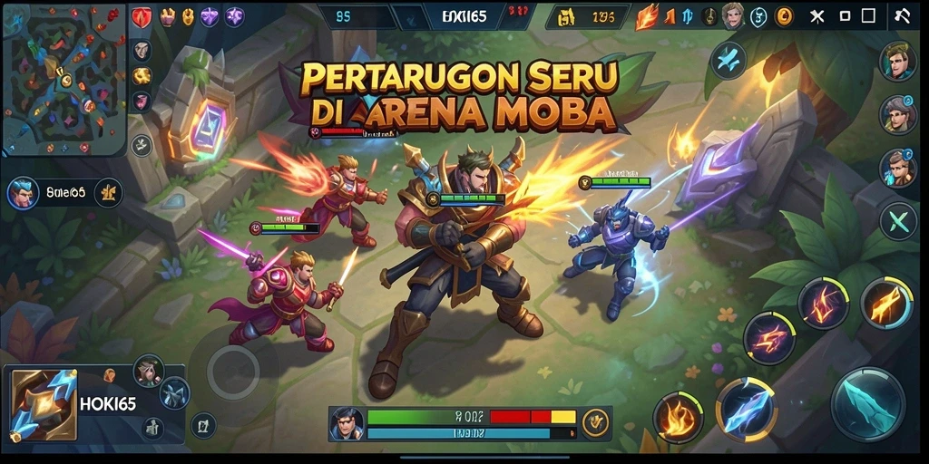 Screenshot gameplay HOKI65 dengan karakter bertarung di arena.