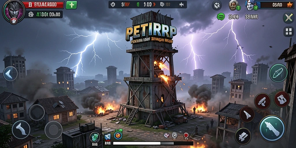 Tampilan gameplay PETIRRP yang penuh aksi di medan tempur Tower Defense.