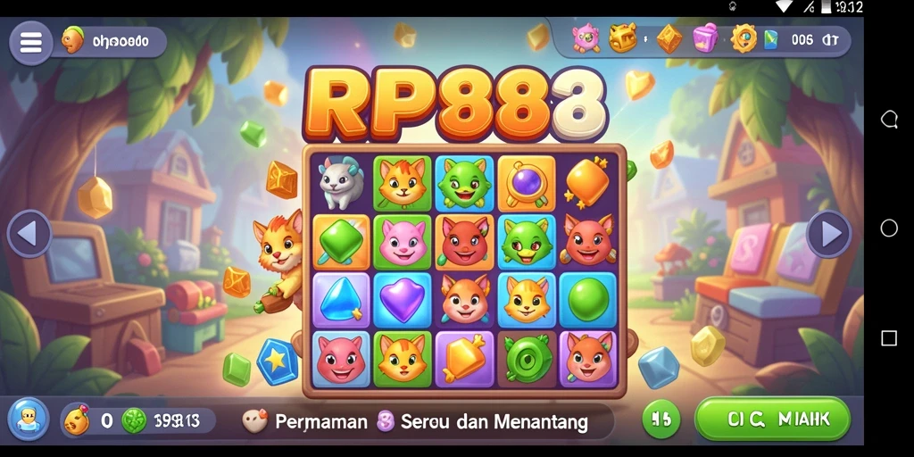 Screenshot utama RP888 menampilkan gameplay Match-3 yang penuh warna.