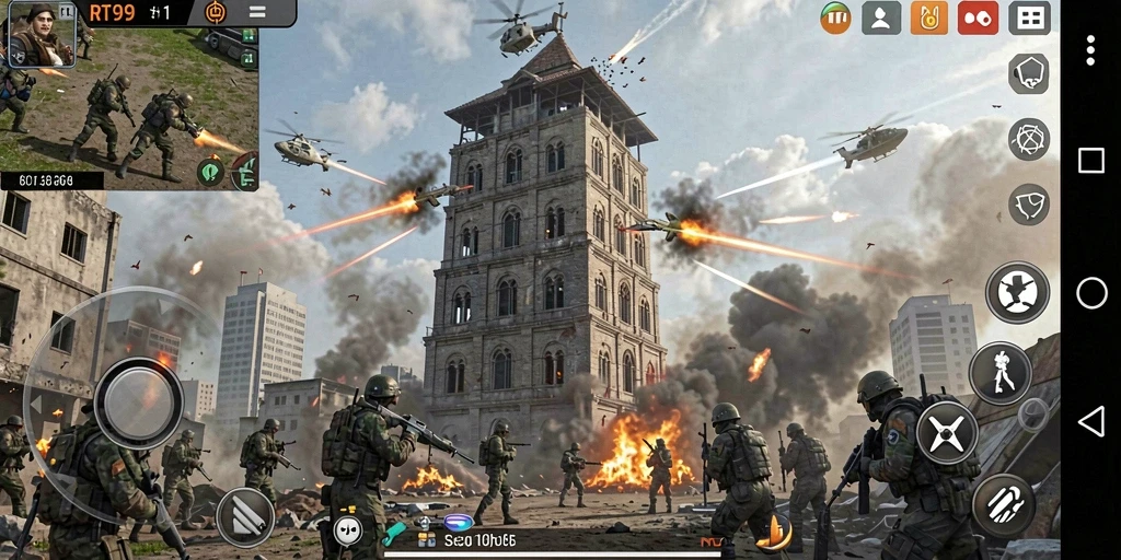 Tangkapan layar gameplay Tower Defense RT99 menunjukkan aksi seru melawan gelombang musuh.