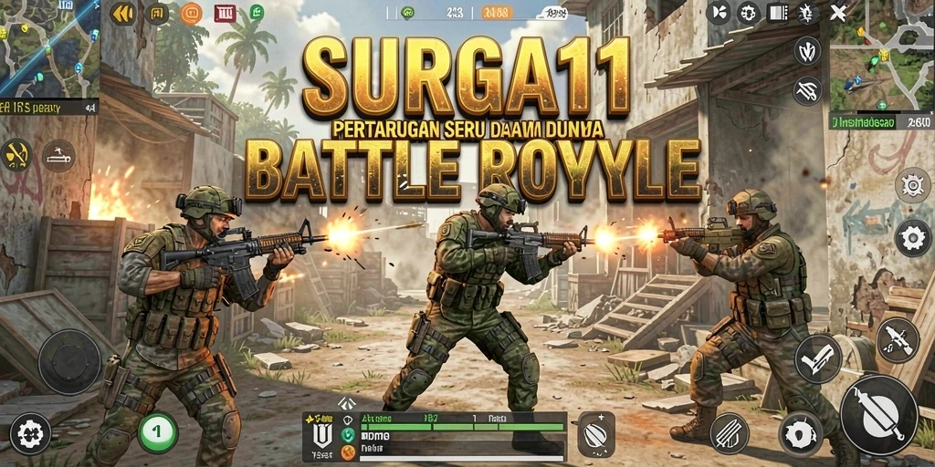 Tangkapan layar utama SURGA11 menampilkan aksi seru dalam pertempuran Battle Royale.